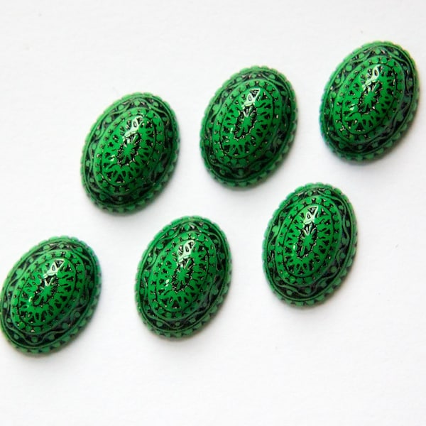 Vintage Etched Mosaic Green and Black Cabochons 14mm X 10mm cab711E