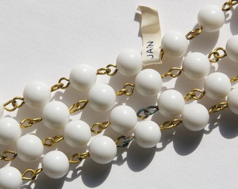 Vintage White Plastic Beaded Chain Raw Brass Links Japan chn064A