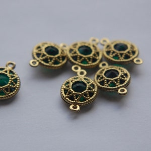 Vintage Emerald Green Connector Beads with Neat Brass Frames 13mm 6 chr136B image 1