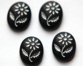 Vintage Black Glass with White Etched Flower Cabochon cab576W