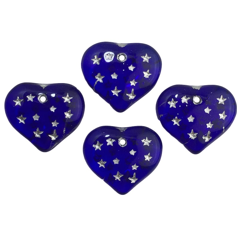 Cobalt Blue Hearts W/ Silver Painted Engraved Star Beads 14x12mm 8 bds1011A image 1