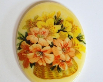 Vintage Glass Cabochon Basket of Peach Yellow Flowers 40x30mm cab680E