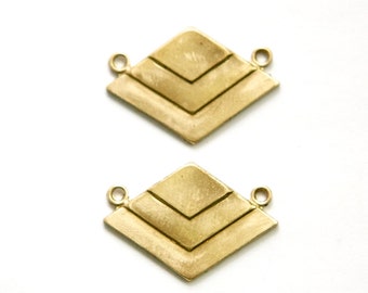 2 Loop Raw Brass Deco Layered V Connector Pendants  (2) mtl407A