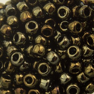 May include: A close-up of a pile of small, round, dark brown beads with a metallic sheen.