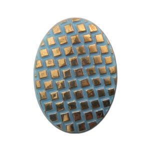 Vintage Light Blue Glass Cabochon with Checkered Gold Top 25x18mm (1) cab322B