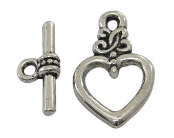 Elegant Heart Antiqued Silver Toggles (20 Sets) tog007A