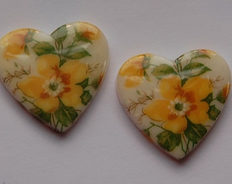Cabujones de corazón de vidrio con diseño floral amarillo vintage, Japón, cab609A