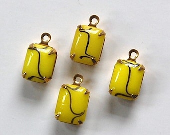 Vintage Opaque Yellow Stones with Black 1 Loop Brass Setting 10x8mm (4)