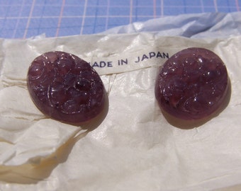 Vintage Amethyst Glass Floral Cabochons Cabs 25x18mm (2) cab749F