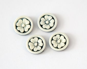 Vintage Off White Etched Flower on Black Acrylic Cabochons Japan 11mm (4) cab846C