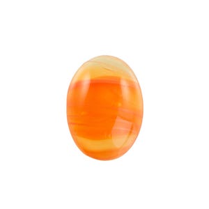 May include: An oval-shaped, orange and yellow gemstone with a polished, translucent appearance. The stone features bands of color, creating a layered effect. The gemstone is set against a plain white background.