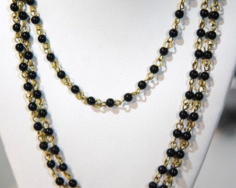 Vintage Black Plastic Beaded Chain Raw Brass Links Japan chn067