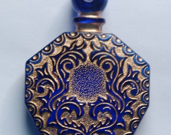 Vintage Blue Etched Faux Perfume Lucite Bottle Pendant Gold Details pnd068A