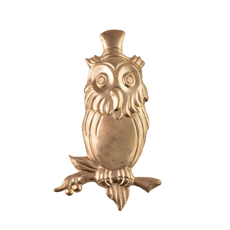 2 Patina Raw Brass Owl with Top Hat Stamping 68mm