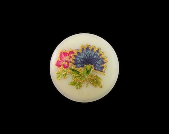 10mm Blue and Pink Flowers on Pale Yellow Glass Round Cabochons (6)