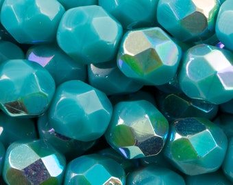 6mm Czech Faceted Sleeping Beauty Turquoise AB Firepolish Glass Beads (25)