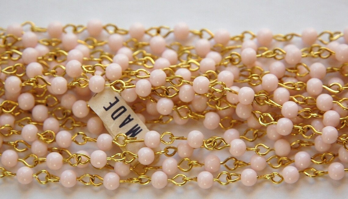 Vintage Pink Plastic Beaded Chain Brass Links Japan Chn020 Etsy