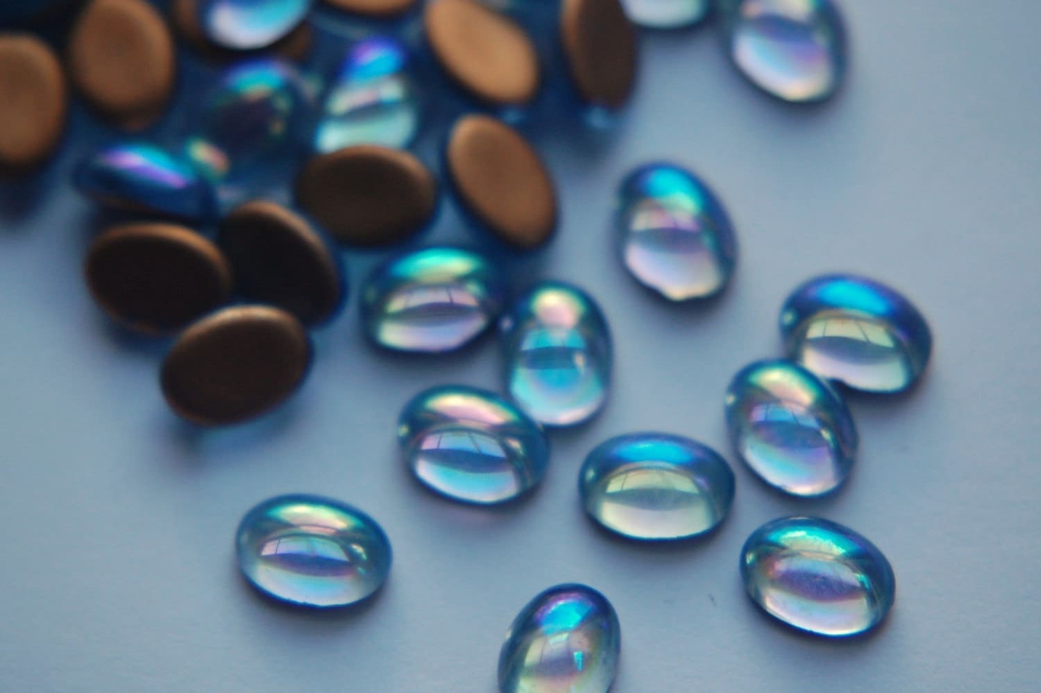 Vintage Light Sapphire Blue AB Foiled Cabochons 8mm x 6mm (8) cab575T