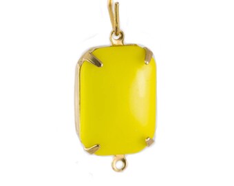 Vintage Opaque Yellow Glass Rectangle Drops 2 Loop Brass Setting 18X13mm (2)