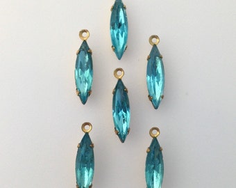 Faceted Aqua Glass Navette Stones Brass 1 Loop Setting 15x4mm (6) nav003R