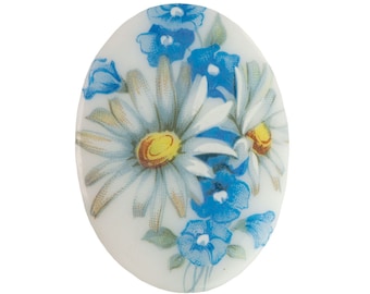 40x30mm Daisy Flower on Blue Glass Oval Cabochon (1)