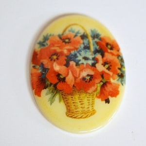 Vintage Glass Cabochon Basket of Poppy Flowers 40x30mm cab680
