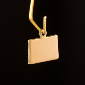 May include: Gold-toned earring with a rectangular pendant. The pendant is smooth and has a slightly rounded edge.