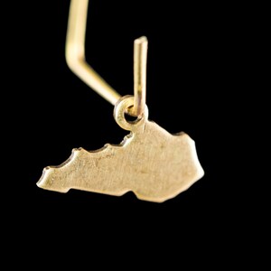 May include: Gold-colored earring with a pendant shaped like the state of Missouri.