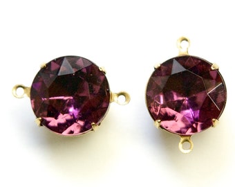 Vintage Amethyst Faceted Glass Stones 2 Loop Brass Settings 15mm rnd012G2