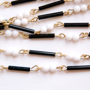 Vintage Black White Mixed Glass and Plastic Beaded Chain Gold Links Japan chn072A