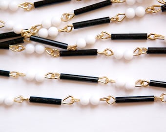 Vintage Black White Mixed Glass and Plastic Beaded Chain Gold Links Japan chn072A