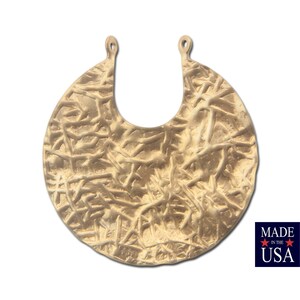 May include: Gold-toned metal pendant with a textured, organic design. The pendant has two loops at the top for attaching a chain or cord.  Made in the USA.
