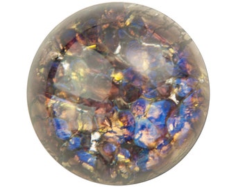 May include: A clear glass sphere with a swirling pattern of purple, blue, and gold iridescent glass shards.