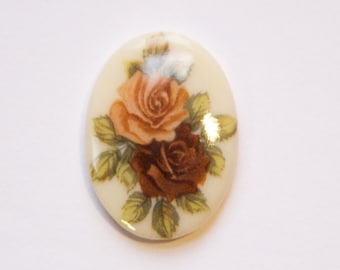 Vintage Tan Brown Rose Flower Glass Cabochon Germany 25x18mm cab257B
