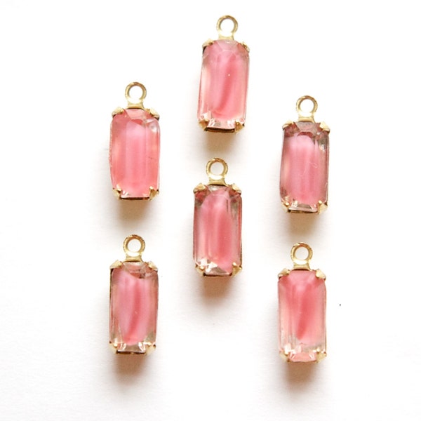 Vintage Pink Givre Glass Octagon in 1 Loop Brass Setting 10x5mm (6)