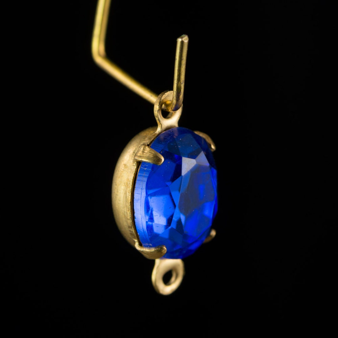 Faceted Sapphire Glass Oval Stones in 2 Loop Brass Connector Setting