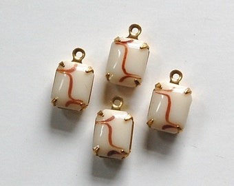 Vintage Opaque Beige Stones with Brown 1 Loop Brass Setting 10x8mm (4)