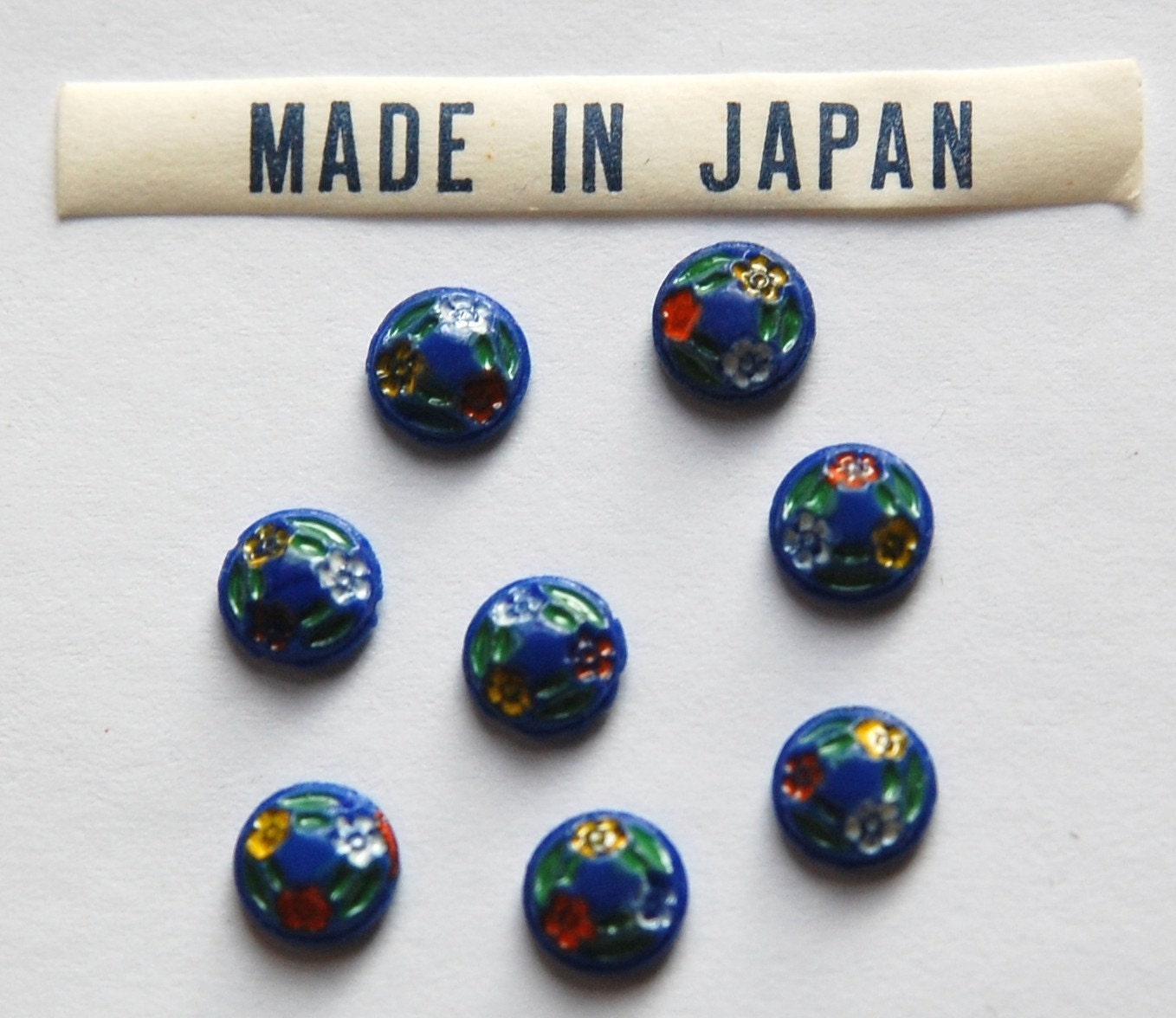 Vintage Blue Floral Etched Glass Cabochons Japan 7mm (8