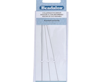 May include: A package of three collapsible eye needles for beading. The needles are 5 inches long and are assorted in size. The package is labeled "Beadalon Collapsible Eye Needles".