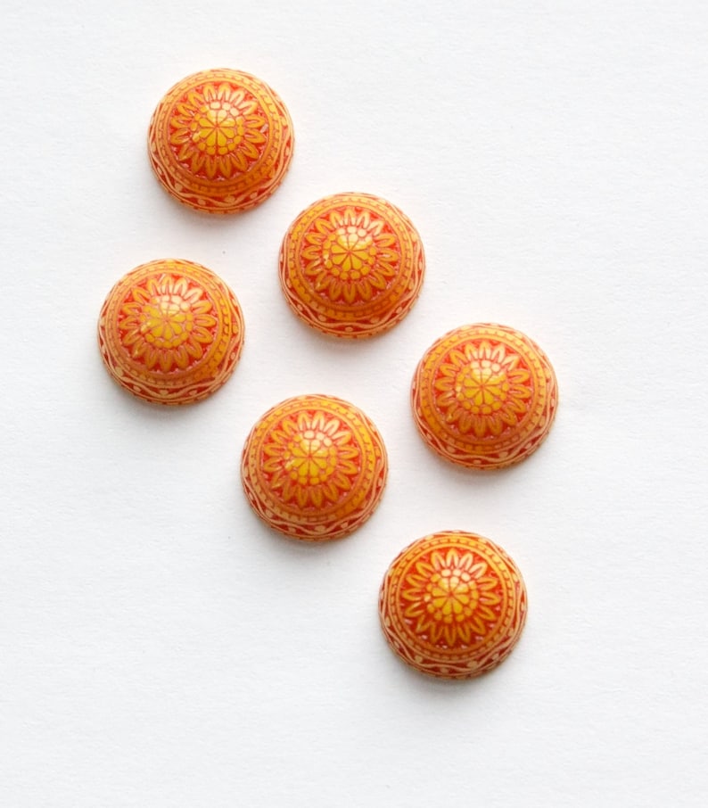 Vintage Acrylic Etched Mosaic Yellow Reddish Orange Cabochons 10mm cab712C 6