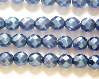 8mm Navy Pearl Czech Firepolish Faceted Glass Beads (25)
