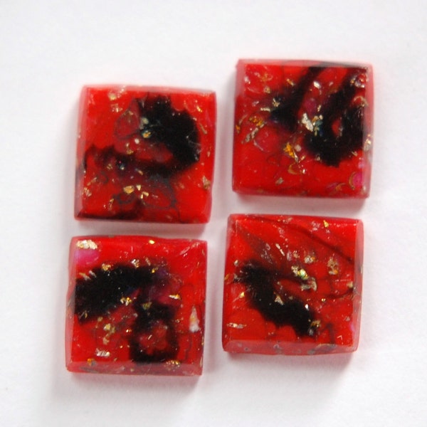 Vintage Red Glass Square Cabochons Swirled with Foil 12mm cab036G