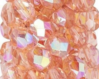 6mm Rosaline AB Czech Firepolish Faceted Glass Beads (25)