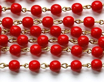 Red Czech Glass Beaded Chain Raw Brass Links 6mm chn117