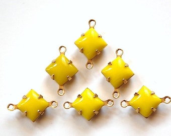 Opaque Yellow Square Glass Stones in 2 Loop Brass Setting 8mm squ002CC2