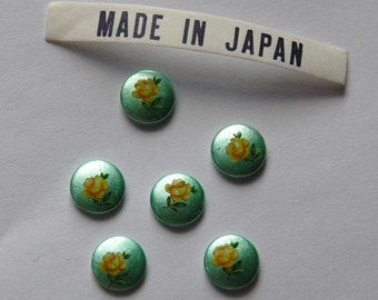 Vintage Yellow Rose on Green Flower Cabochons Japan 8mm (6) cab426B