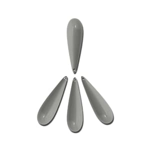 May include: Four gray teardrop-shaped glass beads with a hole at the top.