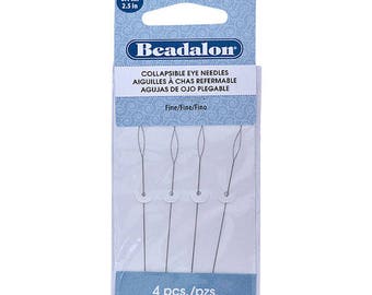 May include: A package of Beadalon collapsible eye needles. The package is white and blue, with the brand name and product information printed on the front. The package contains four fine needles. The package is 2.5 inches wide.