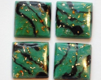 Vintage Green Glass Square Cabochons Swirled with Foil 15mm cab036H