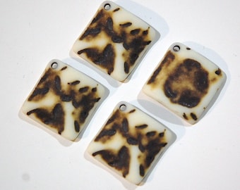 Vintage Matte Brown on Soft White Etched Square Wavy Acrylic Pendants 20mm (4) pnd149G